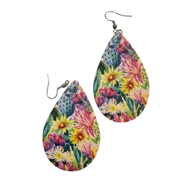 Vegan Leather Colorful Tropical Print Drop Style Earrings - Picture 2 of 5